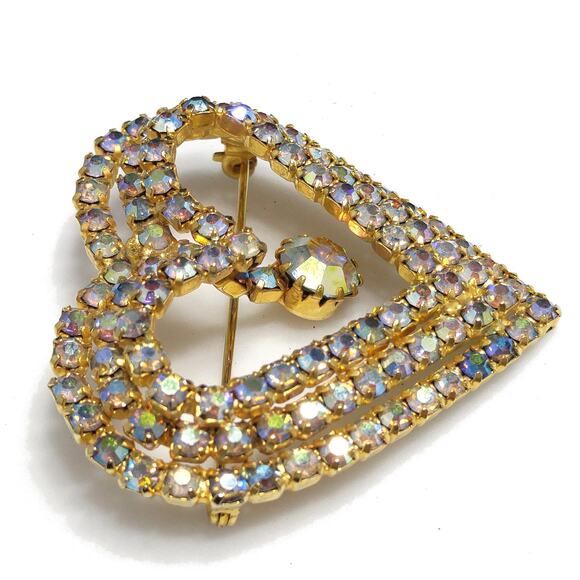 Aurora Borealis Heart Brooch, AB Rhinestone Dangle, 1960s Vintage Jewelry - Picture 8 of 10